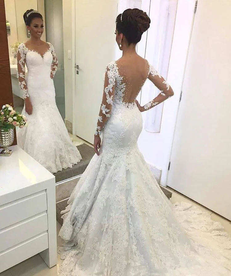 Laço de manga longa sereia vestidos de casamento frisado 2021 applique sexy sem costas vestido de noiva vestidos de novia