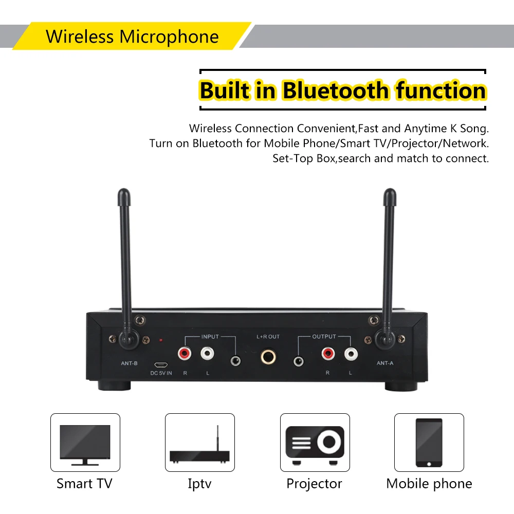 XTUGA – Microphone portable sans fil à double canal UH110, microphone de karaoké Bluetooth facile à utiliser avec effet aigus/basses/Echo