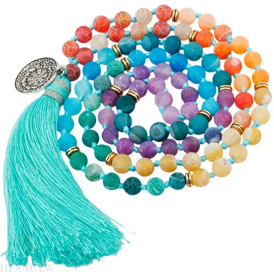 

8mm 108 Frosted 7 Color agate Gemstone mala Tassel Necklace Meditation natural Buddhism cuff Lucky Meditation Prayer Men