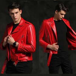 New Fashion Red Sheepskin Genuine Leather Jacket Men Spring Autumn 100% Natural Sheepskin Leather Clothing