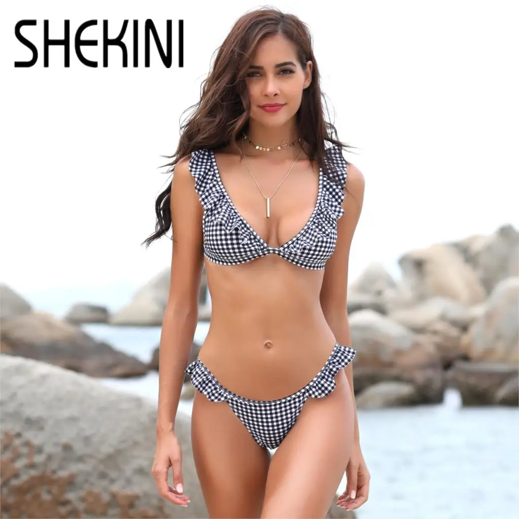 SHEKINI Floral Ruffle Bikini Sets Low Waisted Swimwear Back Closure Padding Swimsuit Two Pieces Women 2021 Beach Bathing Suit