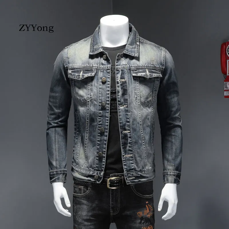 New European Style Turndown Collar Bomber Pilot Blue Denim Jacket Men Jeans Coats Motorcycle Casual Outwear Clothing Overcoat