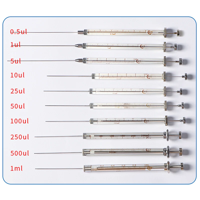 Jeringas de microlitros de fase líquida con cabeza plana, microinyector cromatográfico de laboratorio, 0,5 UL a 1000UL, 1 unidad