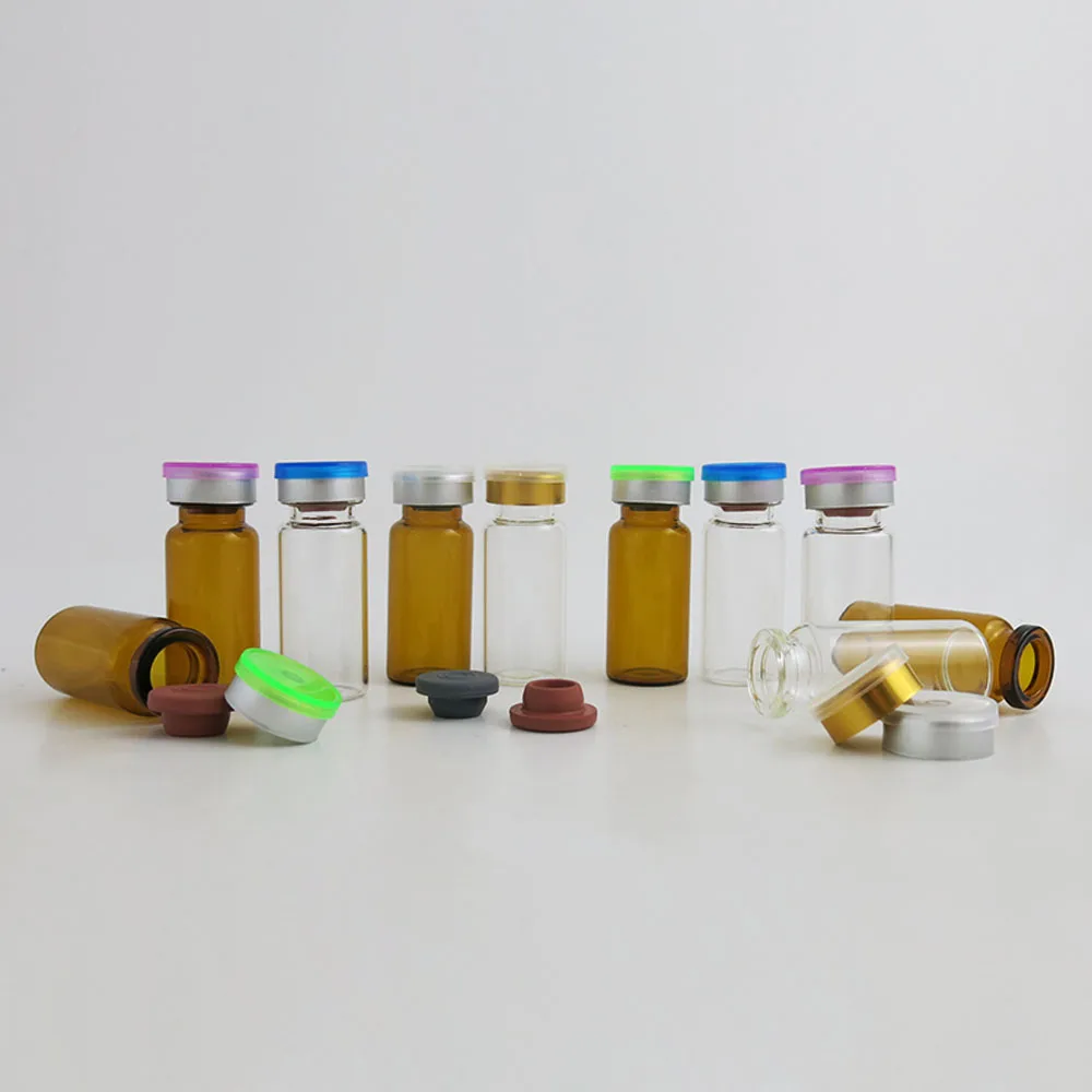10ml Clear Amber Injection Glass Vial with Plastic-Aluminium Cap1/3oz Transparent Glass Bottle with Grey Butyl Stopper 100pcs