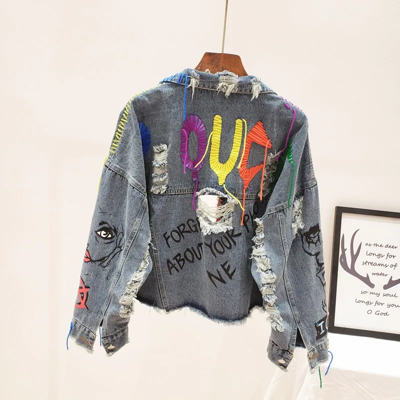 Women's Graffiti Denim Jacket, Frayed Raw Cut Rivet, Fringe Jean Coat, Female Outwear, Short, Street Fashion Spring, Autumn 2024