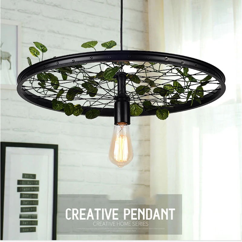 American Rural Wheel Iron Pendant Lights Simulation Plant Lamp Internet Cafe Creative Decoration Lamp Industry Wind Pendant Lamp