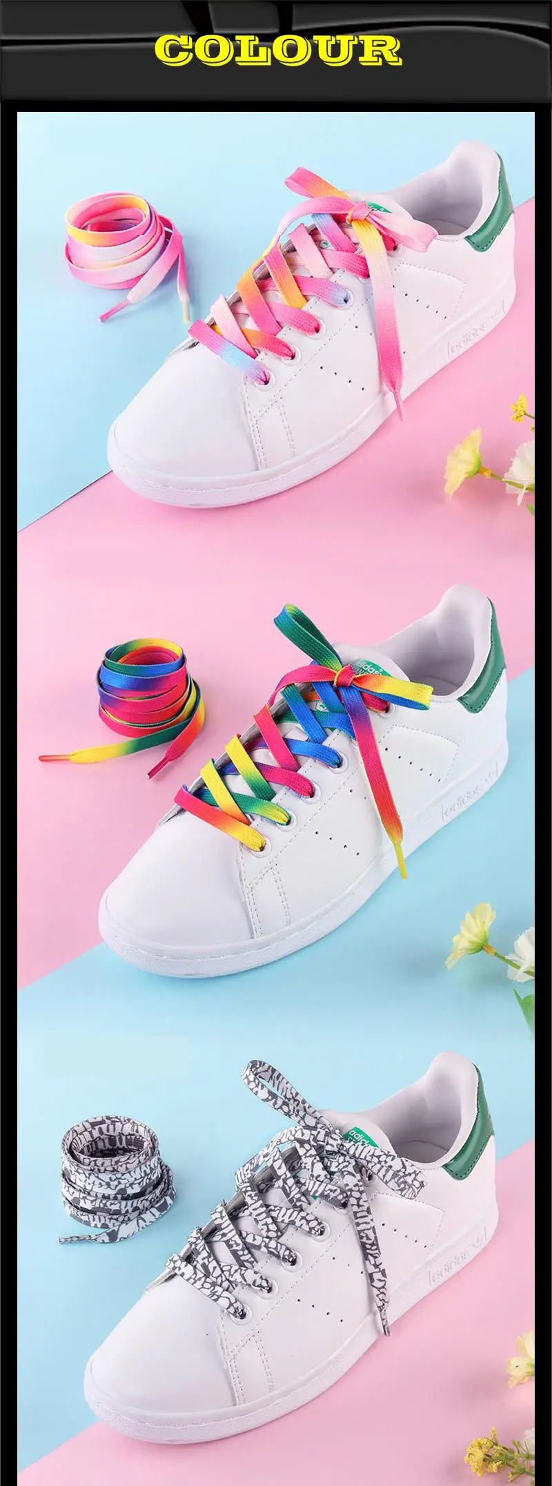 Flache Schnürsenkel, Regenbogenfarben, für Freizeit- und Canvas-Schuhe, bunte Schnürsenkel mit Farbverlauf, passend für alle, Unisex, neu, 1 Paar. – Detail 7
