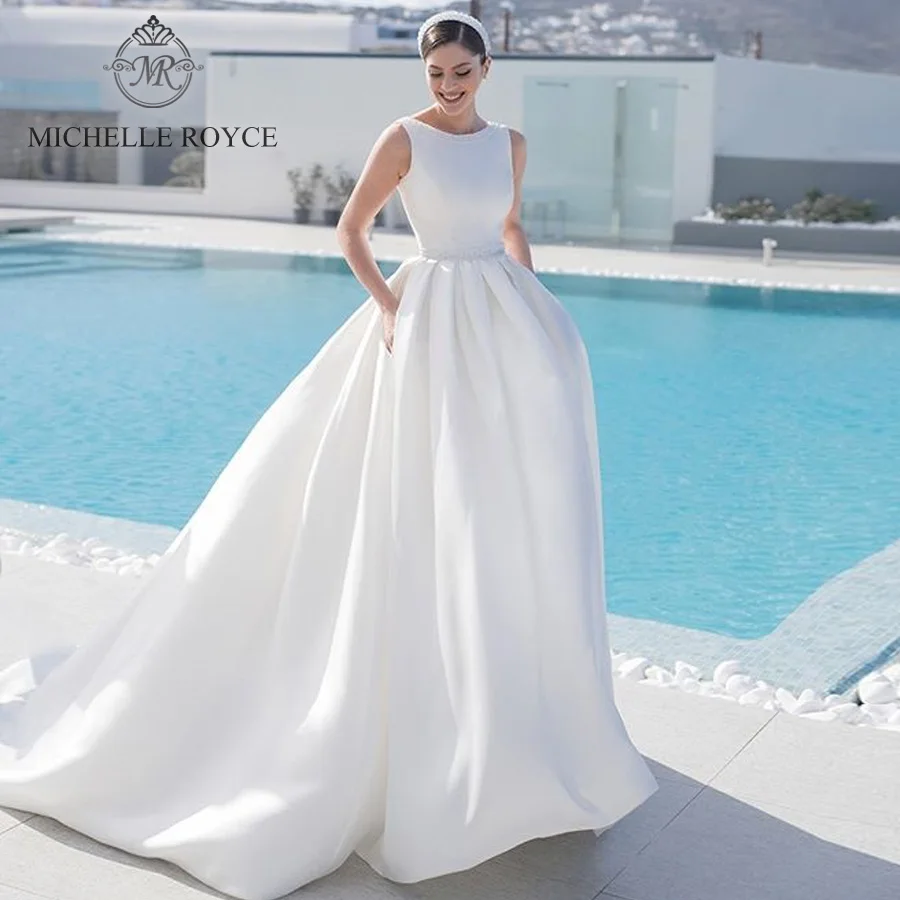 

Michelle Royce A-Ling Wedding Dresses 2020 Scoop Sleeveless Beading Backless Chapel Train Wedding Gowns Vestido De Noiva