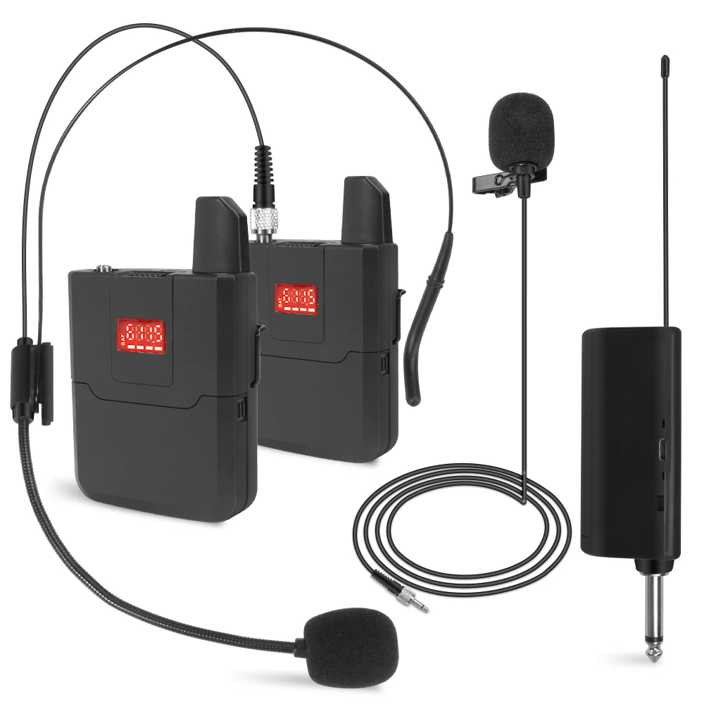 

Dual Wireless Headset UHF Lavalier Microphone System Lapel Mic with Bodypack Transmitter Up to 50M for Teaching Interview