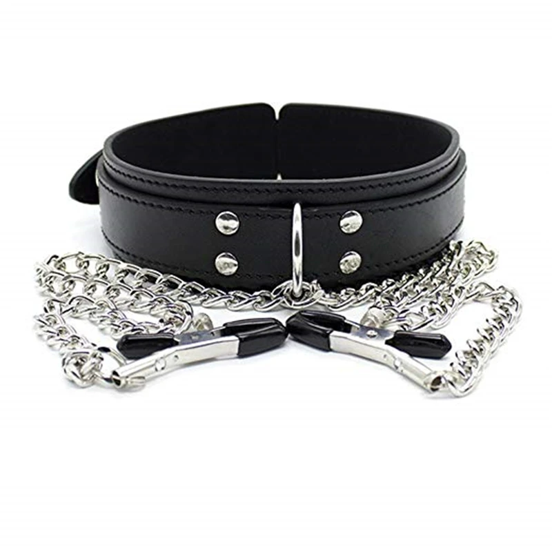 Faux Leather Choker Collar With Nipple Breast Clamp Clip Chain Couple SM Sex Toys For Woman Sex Tools For Couples Adult Games