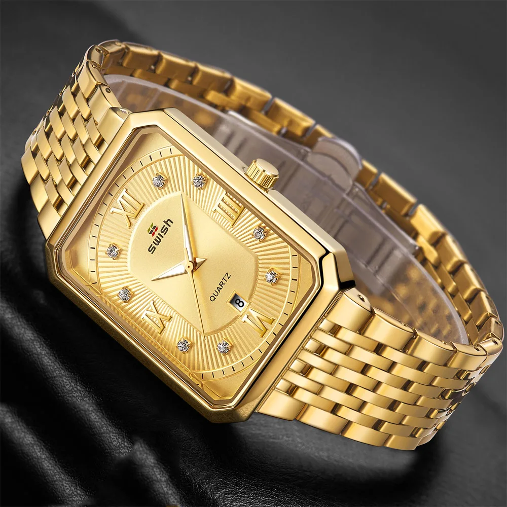 New Golden Relogio Masculino Luxury Rectangle Quartz Wristwatch Mens Stainless Steel Bracelet Watches Waterproof Clock with Box