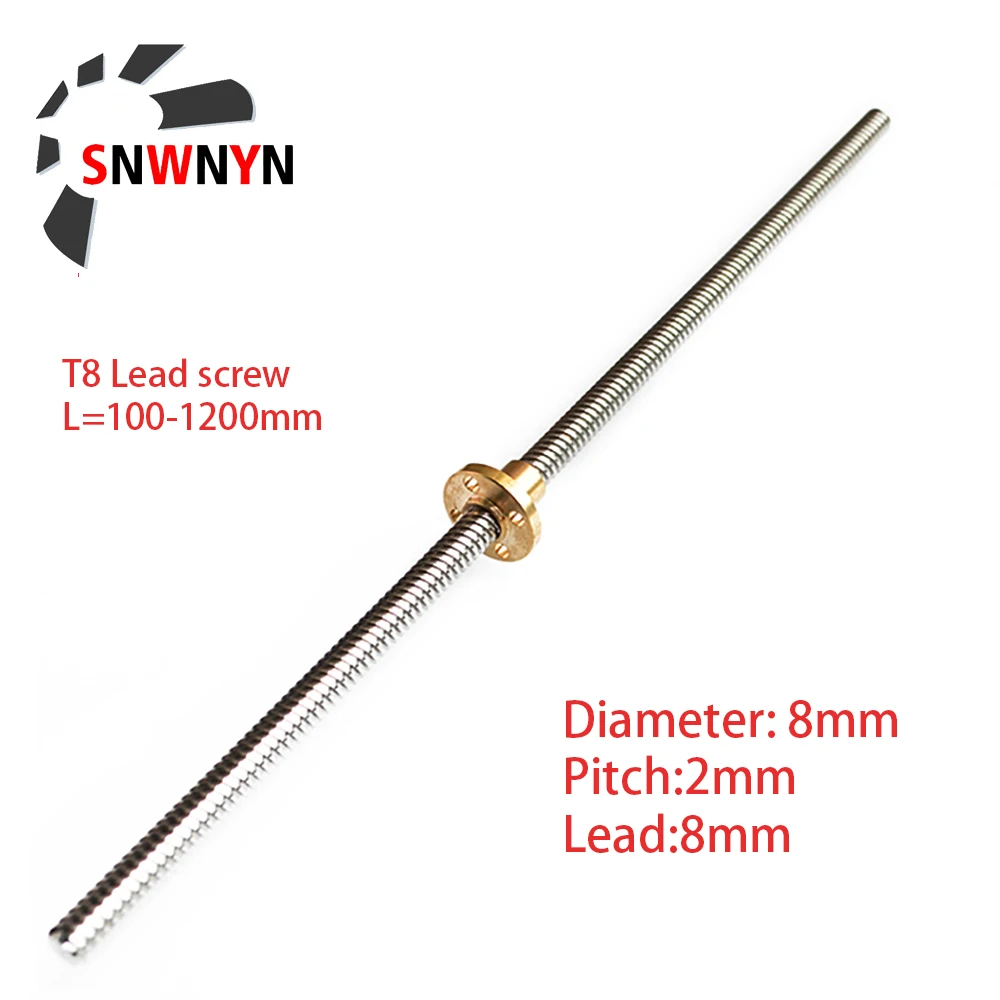 T8 parafuso de chumbo com porca de latão para impressora CNC 3D, passo 2mm chumbo, 8mm, 150mm, 200mm, 300mm, 350mm, 400mm, 500mm, 600mm, 800