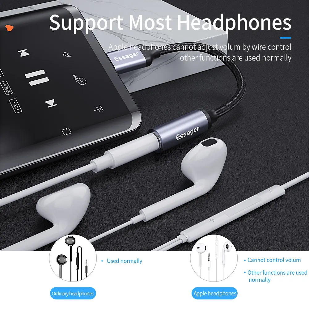 Essager USB Type C 3.5 Jack Earphone Adapter USB C to 3.5mm Headphones AUX Audio Adapter Cable For Huawei P30 Xiaomi Mi 10 9