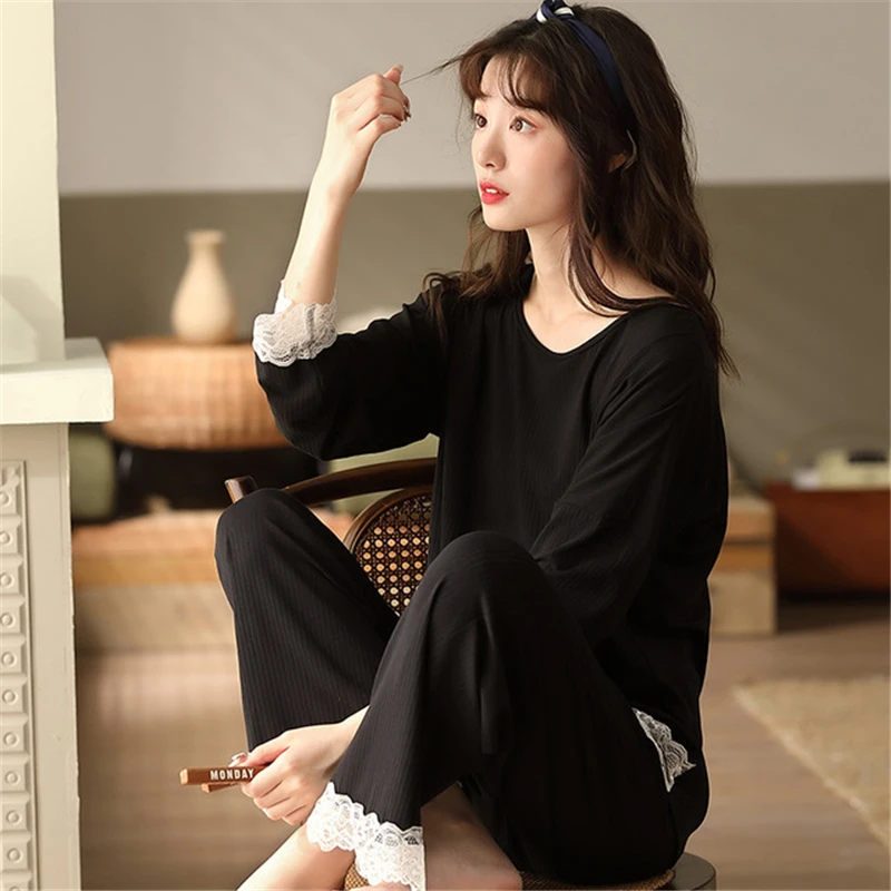 2020 Herfst Nieuwe Modal Pyjama Vrouwen Ronde Hals Koreaanse Stijl Eenvoudige Fashion Home Service Pak Losse Sexy Lace Edge Nachtkleding