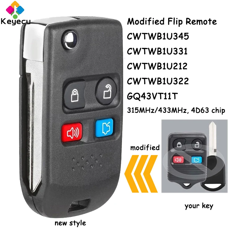 KEYECU Modified Flip Remote Car Key With 4 Buttons for Ford Lincoln Mercury Fob CWTWB1U345, CWTWB1U331, CWTWB1U212, CWTWB1U322