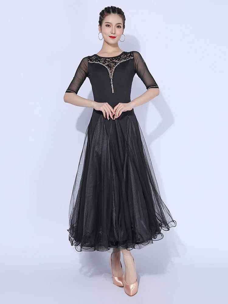 Adult Female Ballroom Dancing Dress Lace Stitching Competition Dancewear Standard Waltz Dance Performance Stage Costume YS2329