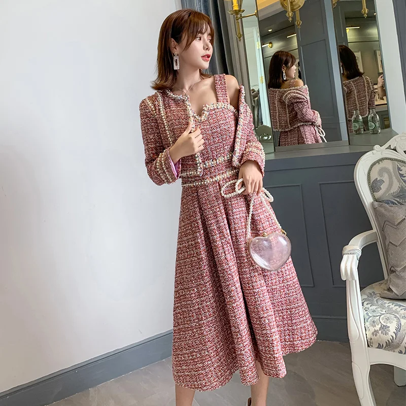 JSXDHK Luxury Tweed Two Piece Set Fall Winter Women Beading Tassel Pink Short Jacket And Vest Woollen Midi Ball Gwon Dress Suits