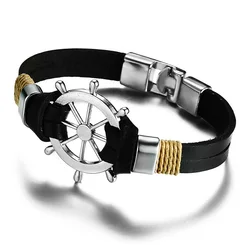 New Vintage Black Brown Alloy timone bracciale Trendy Leather Rope Anchor Ship timone bracciali intrecciati per gioielli moda uomo