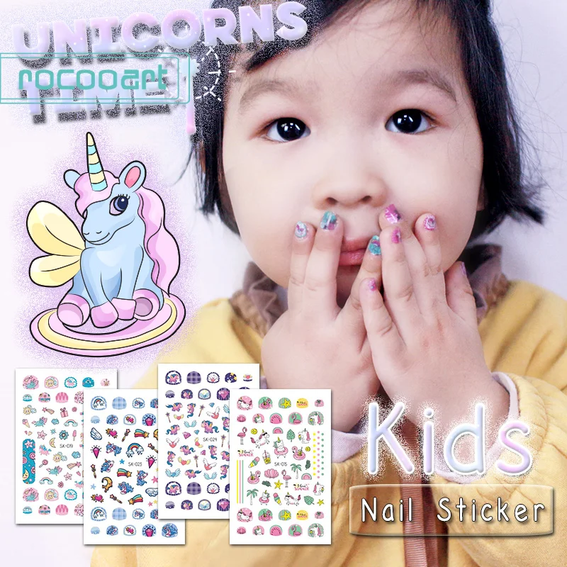 1 Sheet Rocooart Cartoon Beauty Colorful Rainbow Unicorn Kids Nail Sticker Small Decal and Full Wraps to Decor Children Finger