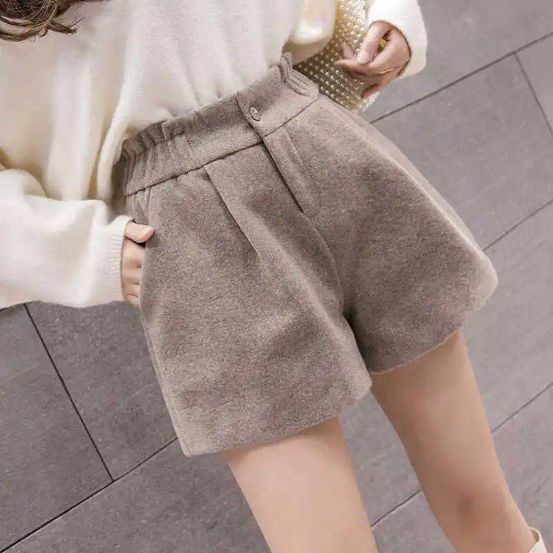 Fashion Woolen Shorts Women Autumn Winter High Quality Loose High Waist Wide Leg Shorts Apricot Black Wool Ladies Shorts C7653