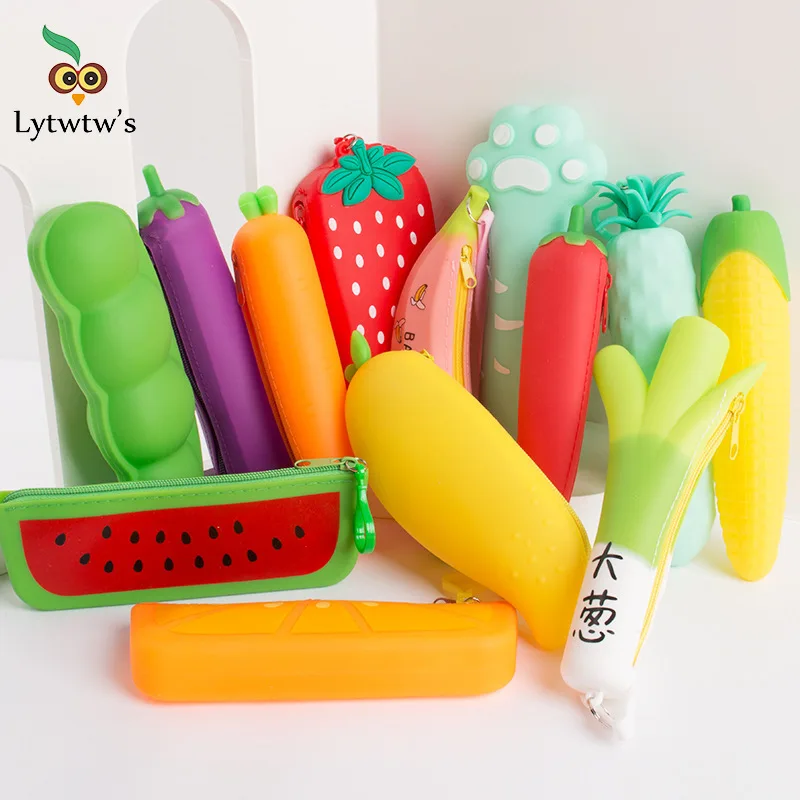 1 Pcs Lytwtw's New Cute Cartoon Kawaii Vegetables Portable Silicon Pen Pencil Bag Makeup Cosmetic Pocket School Stationary Case