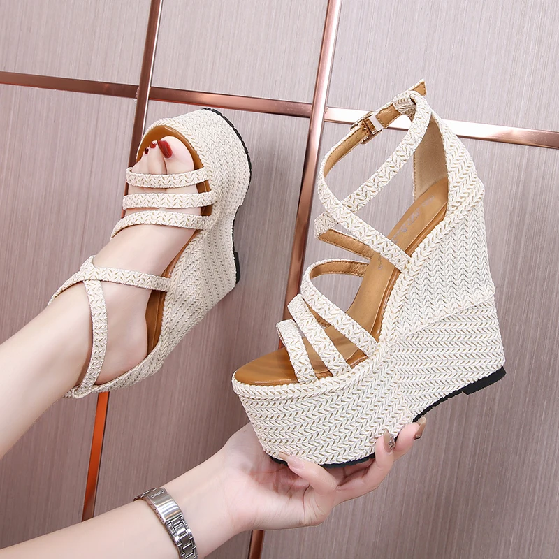 32-40 Summer 16cm High Heel Wedges Heel Sandals 14cm Fashion Thick Bottom Platform Open Toe Ladies Sandals