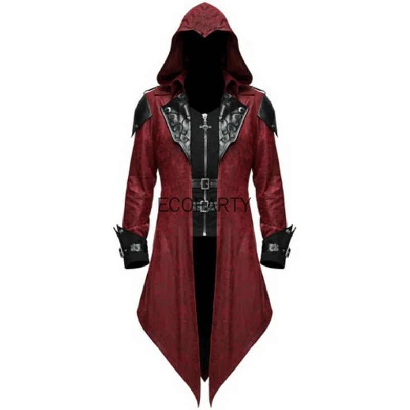 Hot Medieval Retro Hooded Clothing Men Long Sleeve Steampunk Gothic Swallowtail PU Jacket Halloween Cosplay Killer Uniform