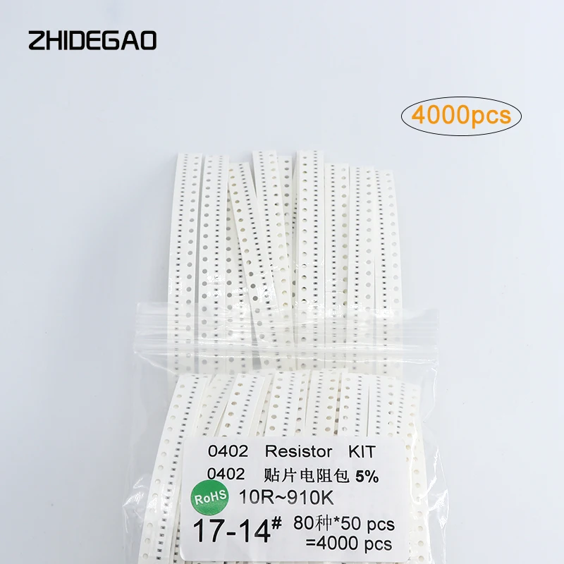 0402 SMD Resistor Kit Assorted Kit 10 Ohm-910K ohm 5% 80valuesX 50pcs=4000pcs Sample Kit