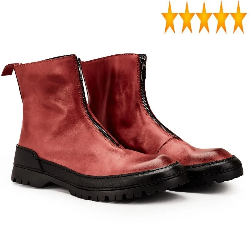 

Black Men Casual Outdoor Vintage Platform Real Leather Ankle Luxury Zipper Biker Boots Zapatos De Hombre 38-43