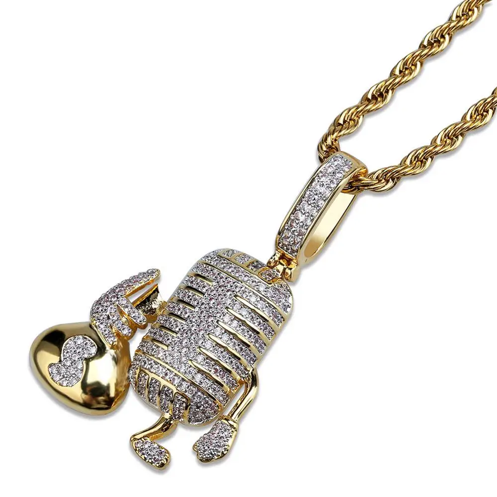 Hip Hop AAA Cubic Zirconia Bling Iced Out Dollar Money Bag Microphone Pendants Necklace for Men Rapper Jewelry Drop Shipping