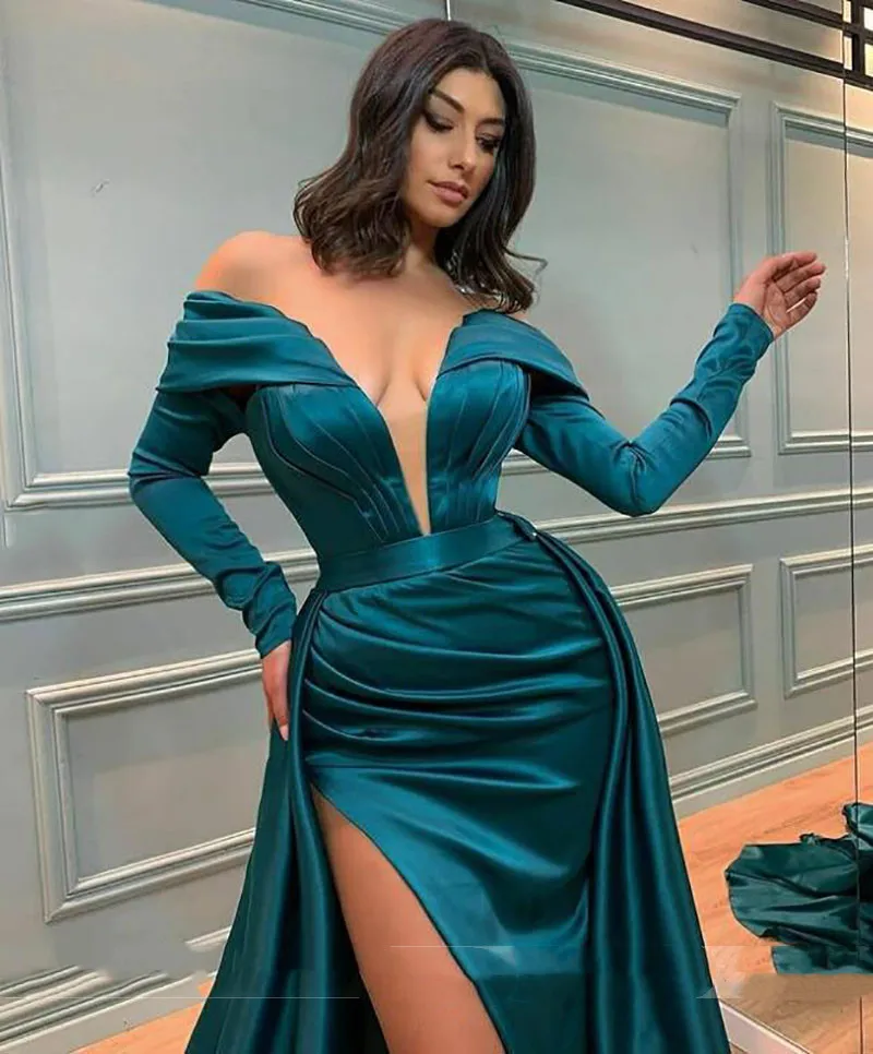 Robe de soirée de forme sirène en satin vert, tenue de soirée Sexy, épaules nues, Caftan à plis, pour occasions spéciales, avec traîne détachable