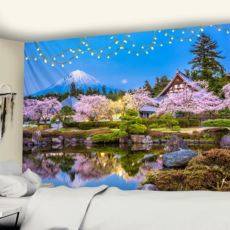 Fujiyama Japan Tapestry Natural scenery Sakura Dormitory Decoration Hippie Psychedelic Family Living Room Bedroom Wall Tapestry