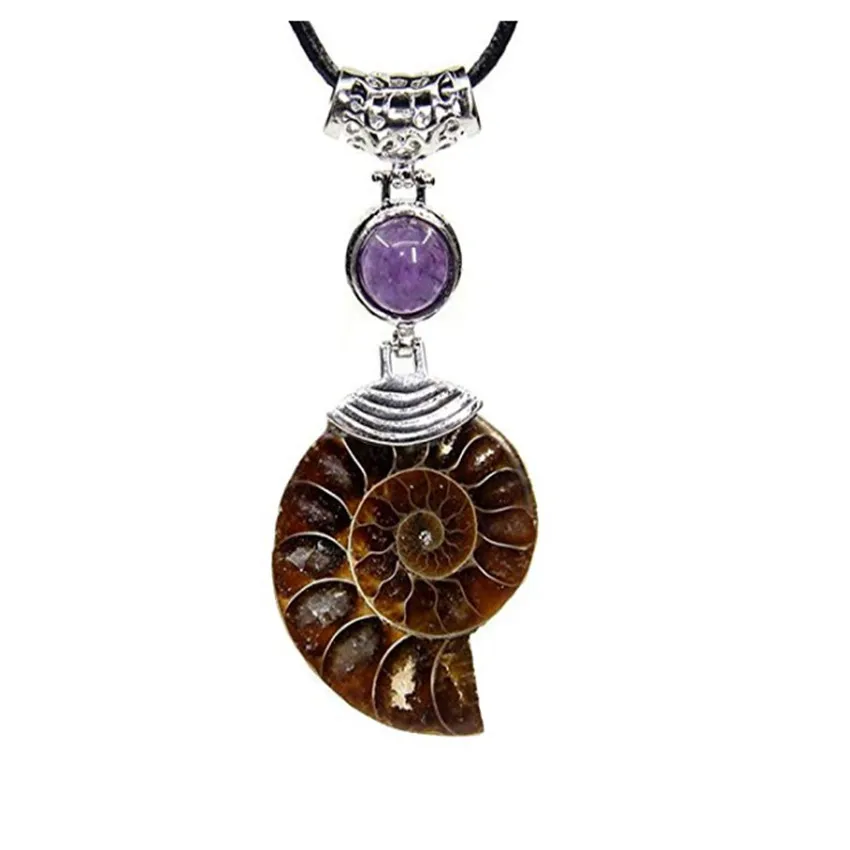 FYSL Silver Plated Irregular Shape Ammonite Reliquiae Pendant with Lapis Lazuli Bead Necklace Amethysts Stone Jewelry