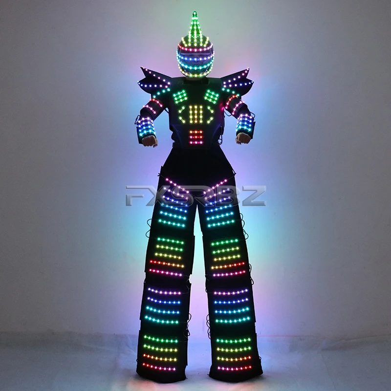 Full Color Pixel LED Robot Costume Clothes Light Up Stilts Walker Clothing Helmet Laser Gloves LED Luminous Jacket Suit