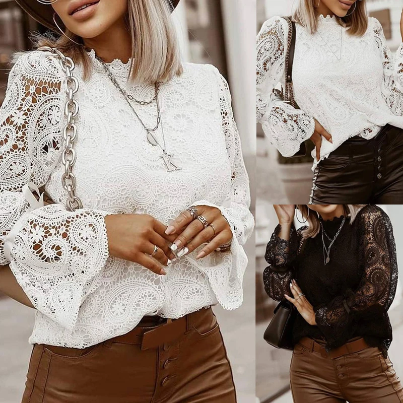 New Elegant Embroidery Hollow Out Lace Blouse Shirt Women Sexy Petal Long Sleeve Pullover Tops Ladies 2021 Autumn Stand Collar