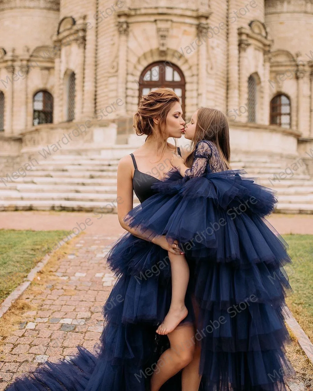 Navy Blue Extra Puffy Hi Low Tiered Ruffles Tulle Long Skirts With Train For Mom & Daughter Photo Shoot Custom Made Mommy & Me