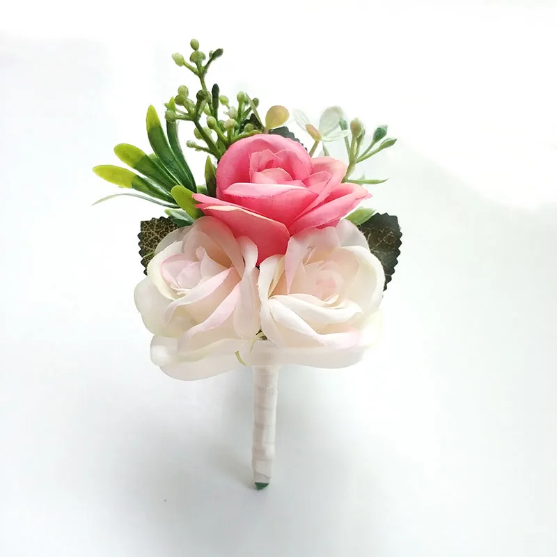 Pink Boutonniere Wedding Accessories Groom Corsage Bracelet Bridesmaids Flowers Artificial Roses Buttonhole Marriage Decoration