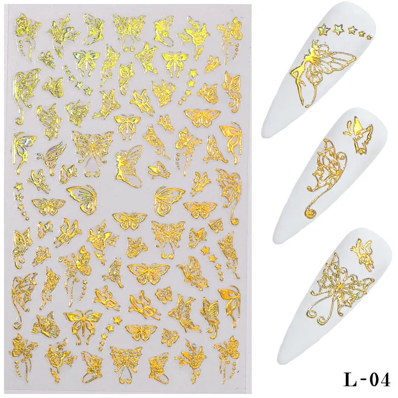 Nail Stickers 1Sheets 3D Butterfly Adhesive Sliders Colorful DIY Golden silver Nail Transfer Decals Foils Wraps Decorations