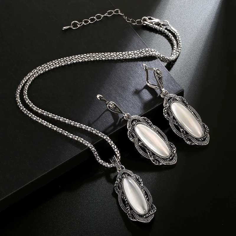 Wbmqda Hot Bohemian Big Opal Stone Earrings Necklace Boho Jewelry Sets Vintage Tibetan Silver Black Crystal Earrings For Women