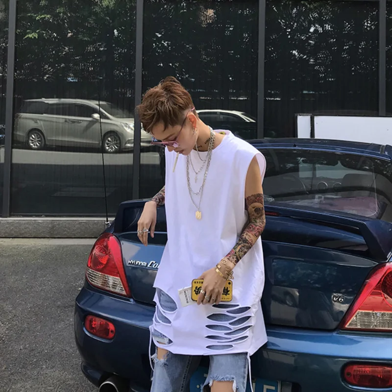 Men fashion hip-hop street broken hole summer pure color European and American personality sleeveless large size T-shirt