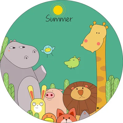 Circular Cartoon Animal Carpet, PVC Scrubable Home Play Mat