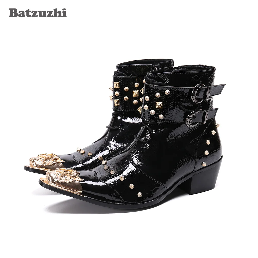 

Batzuzhi 6.5cm Men Ankle Boots Pointed Metal Tip Rock Ankle Boots Men Rivets Punk Black Leather Boots Men Botas Militares, 38-46