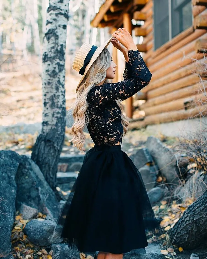 Vestido negro de dos piezas de encaje para sesión de fotografía, minivestido de fiesta, cóctel