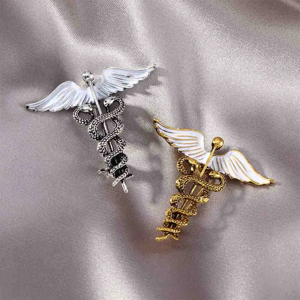 Crystal Caduceus Pins Wing with Snakes Badge Brooches Lapel Pin Medicine Symbol Jewelry Gifts For Nurse Doctor Medical Students