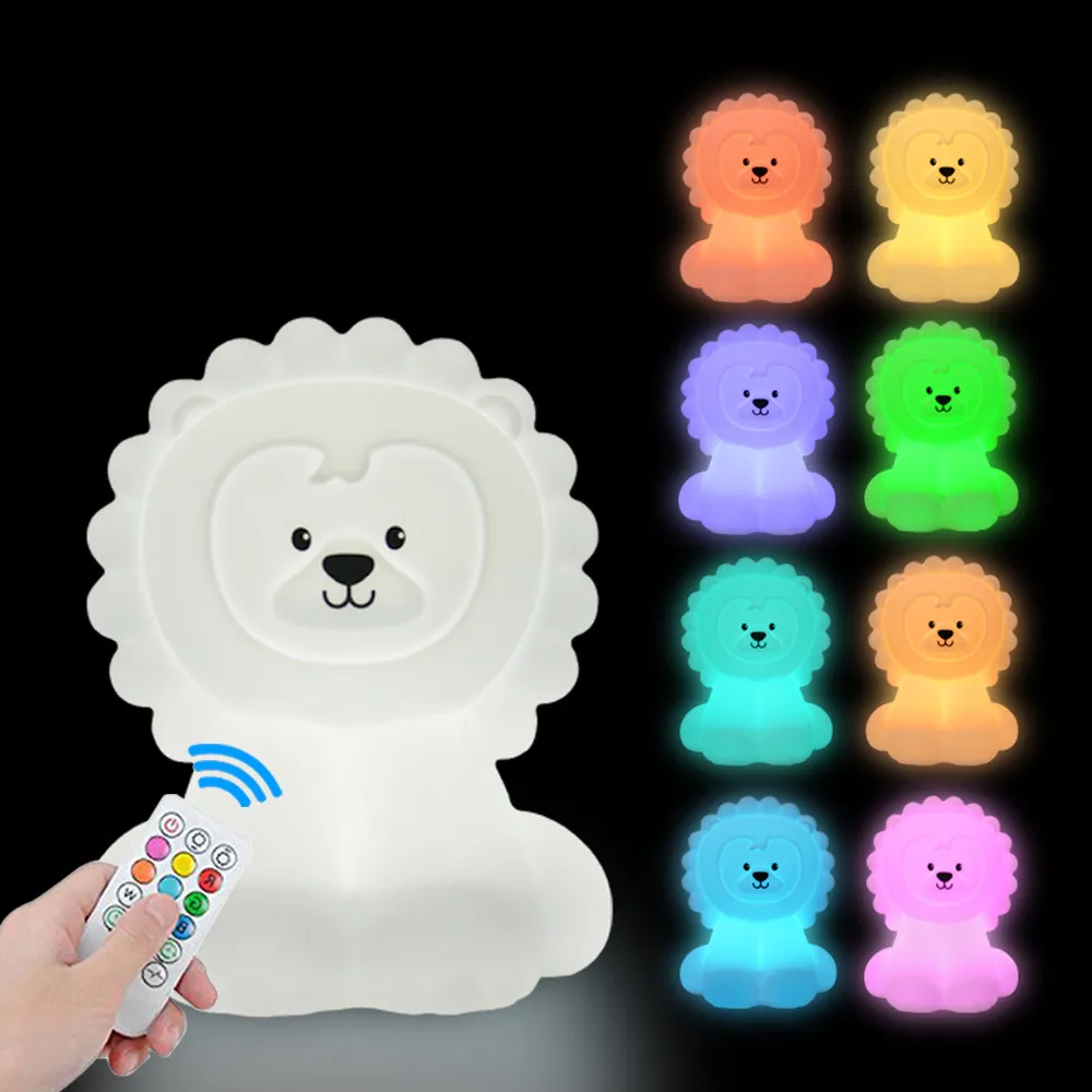 Silicone Lion LED Night Light Touch Sensor Remote Control 9 Colors Dimmable Timer USB Rechargeable Kids Baby Bedroom Lamp Gift