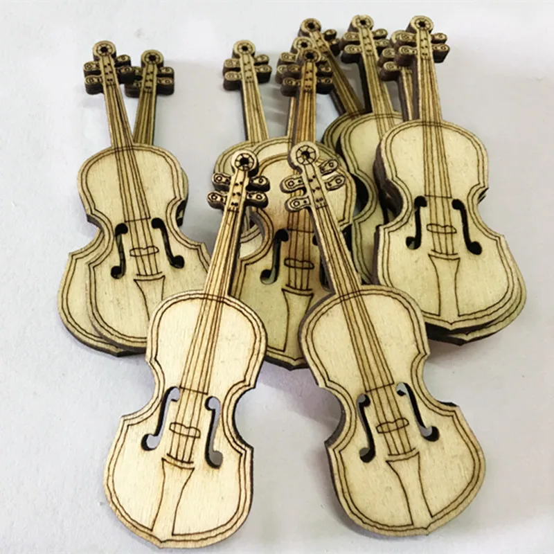 10PCS Wooden Hollow Violin Shaped Crafts Wood Embellishment Cutout Veneers Slices for Christmas Wedding Party DIY Crafting