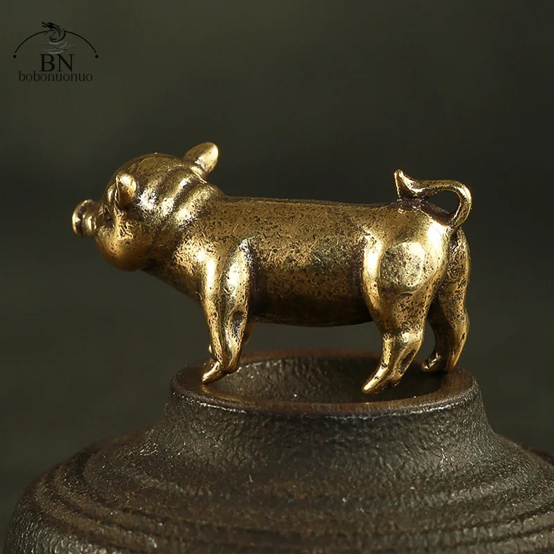 Retro Brass Handmade Pig Miniatures Figurines Desk Ornament Metal Copper Animal Model Toy Tea Pets Decoration Crafts Accessories