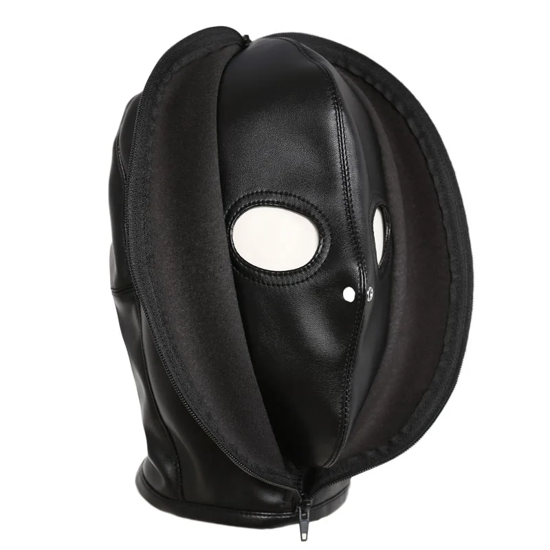 Double layer leather zipper mask bondage hood adult games cosplay slave fetish bdsm restraints erotic tools sex toys for couples