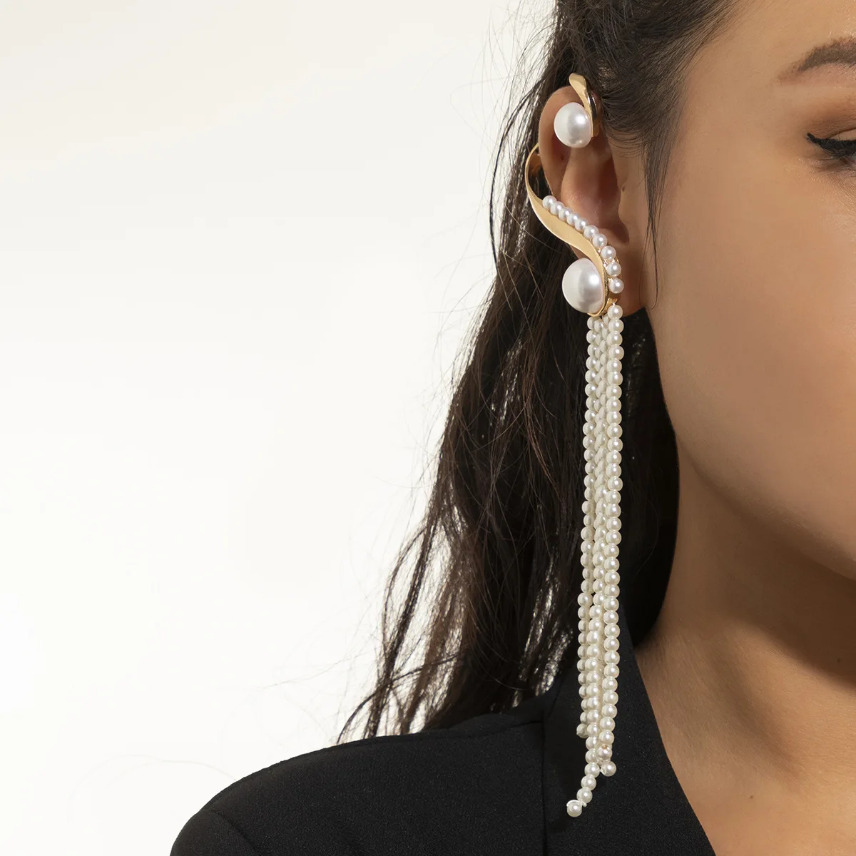 DIEZI One Piece Korean Long Tassel Earrings Girls No ear Piercing Full Pearl Big Clip Earrings For Women Gift Jewelry Ear Cuff