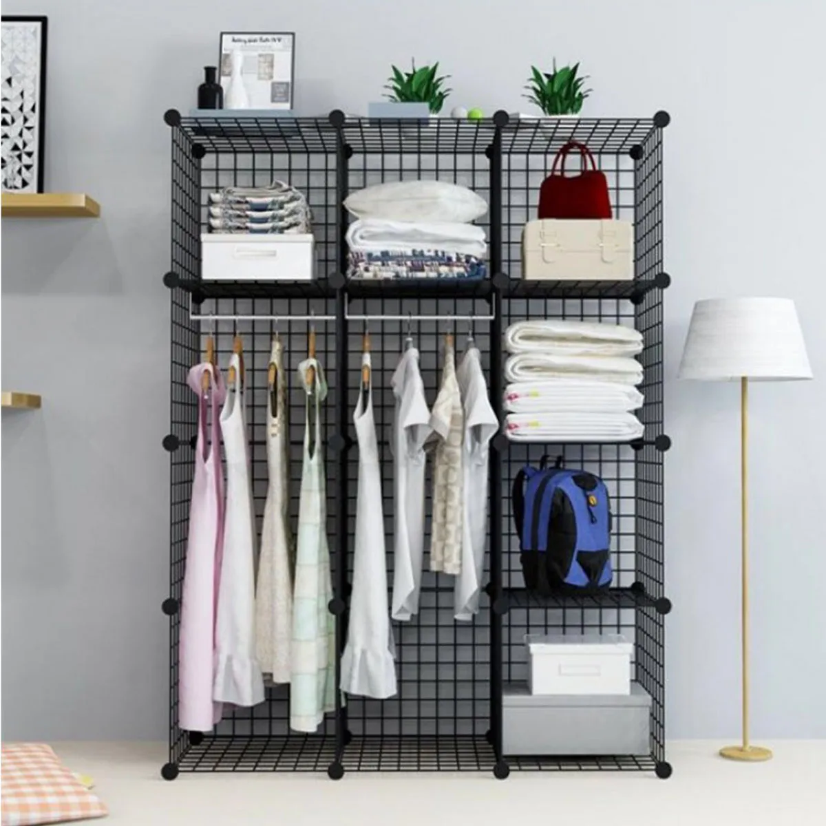 Multifunctional Black Metal Mesh Combination Storage DIY Cube Wardrobe And Modular Shelf Net Wire Mesh Shelf Home Organizer